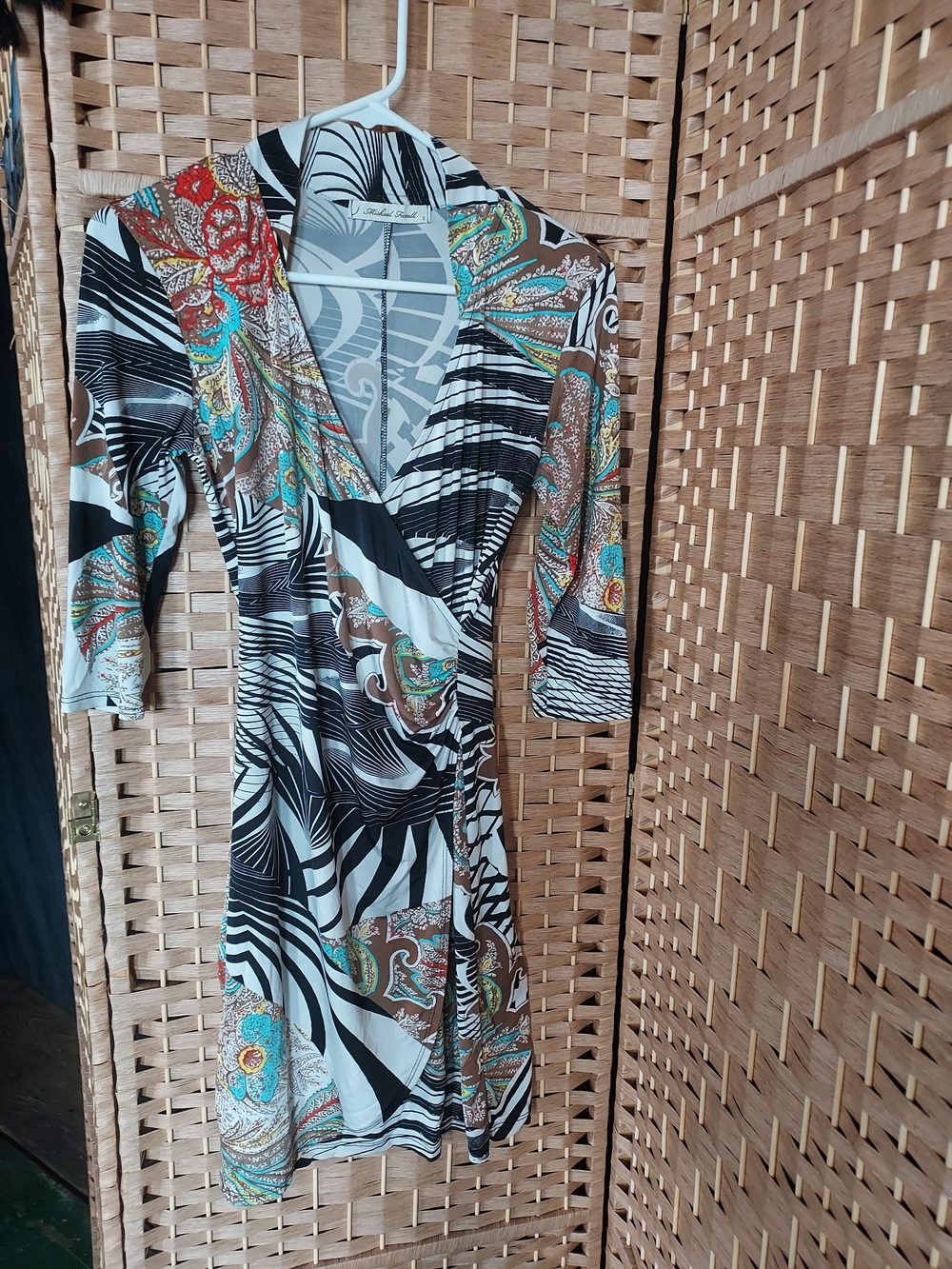 Michael Farrell Abstract Print Faux Wrap Dress | Size Small | Black White Paisle